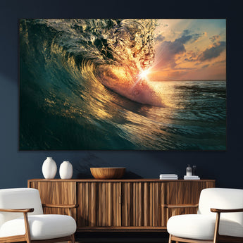55359-MGV-CV-36X24-Radiant Ocean Wave Wall Art – Panoramic Surf Canvas Print, Vibrant Sunset Beach Decor for Home, Office or Man Cave