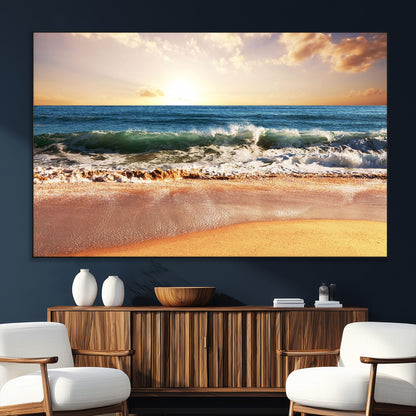 79005-MGV-CV-36X24-Golden Sunrise Ocean Waves Wall Art – Panoramic Seashore Canvas Print, Calming Coastal Decor for Home, Office or Relaxation Space