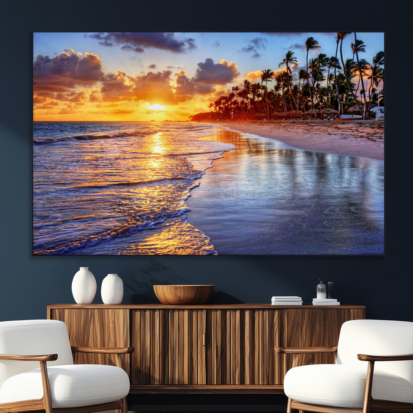 19917-MGV-CV-36X24-Tropical Sunset Beach Wall Art – Panoramic Palm Trees and Ocean Canvas Print, Vibrant Coastal Decor for Living Room, Office or Man