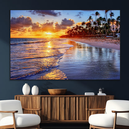 19917-MGV-CV-36X24-Tropical Sunset Beach Wall Art – Panoramic Palm Trees and Ocean Canvas Print, Vibrant Coastal Decor for Living Room, Office or Man