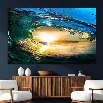 19378-MGV-CV-36X24-Ocean Wave Sunset Wall Art – Vibrant Surf and Golden Horizon Canvas Print, Coastal Seascape Photography for Living Room, Bedroom,