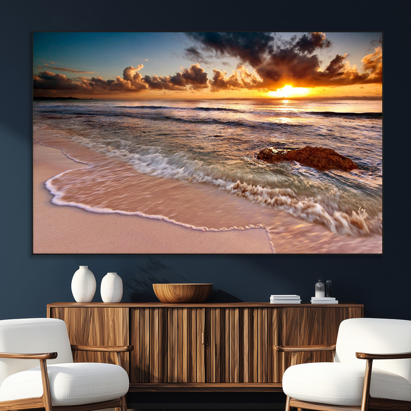 80979-MGV-CV-36X24-Golden Sunrise Beach Wall Art – Ocean Waves and Sandy Shore Canvas Print, Coastal Sunset Photography Artwork for Living Room,