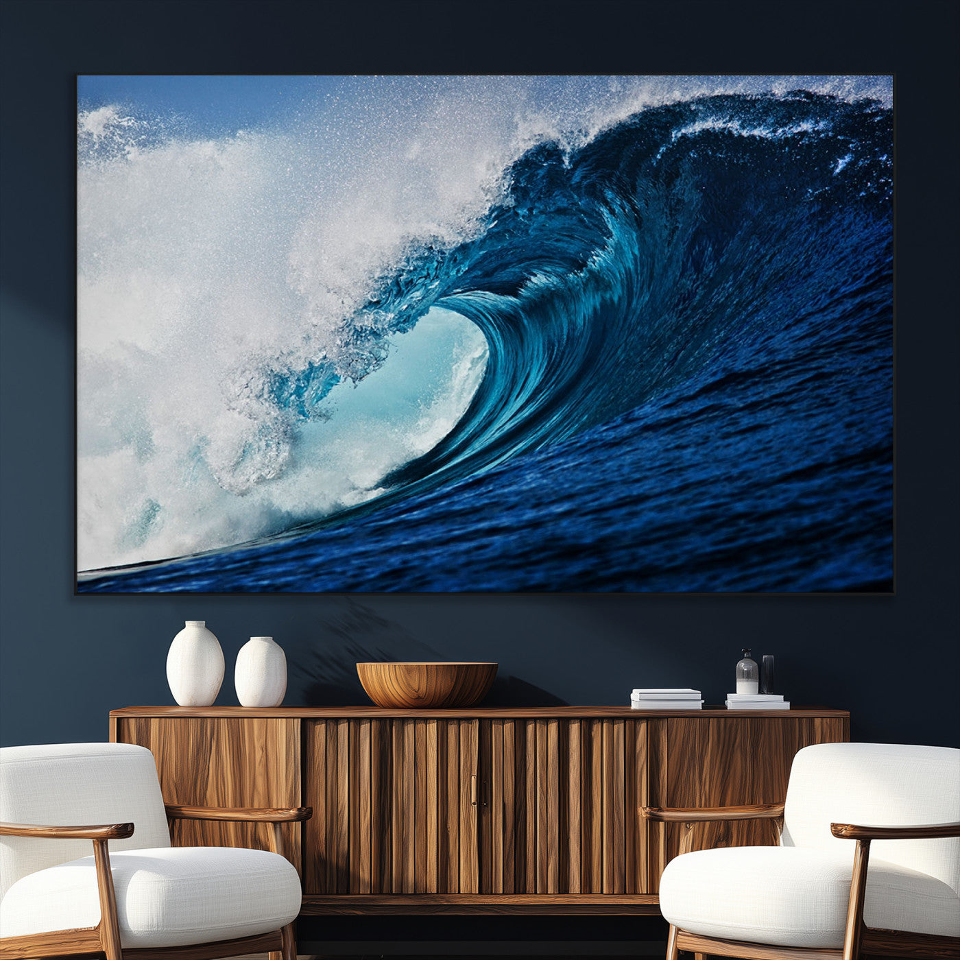 89502-MGV-CV-36X24-Powerful Ocean Wave Wall Art – Panoramic Blue Sea Wave Canvas Print, Coastal Surf Photography Artwork for Living Room, Bedroom, or