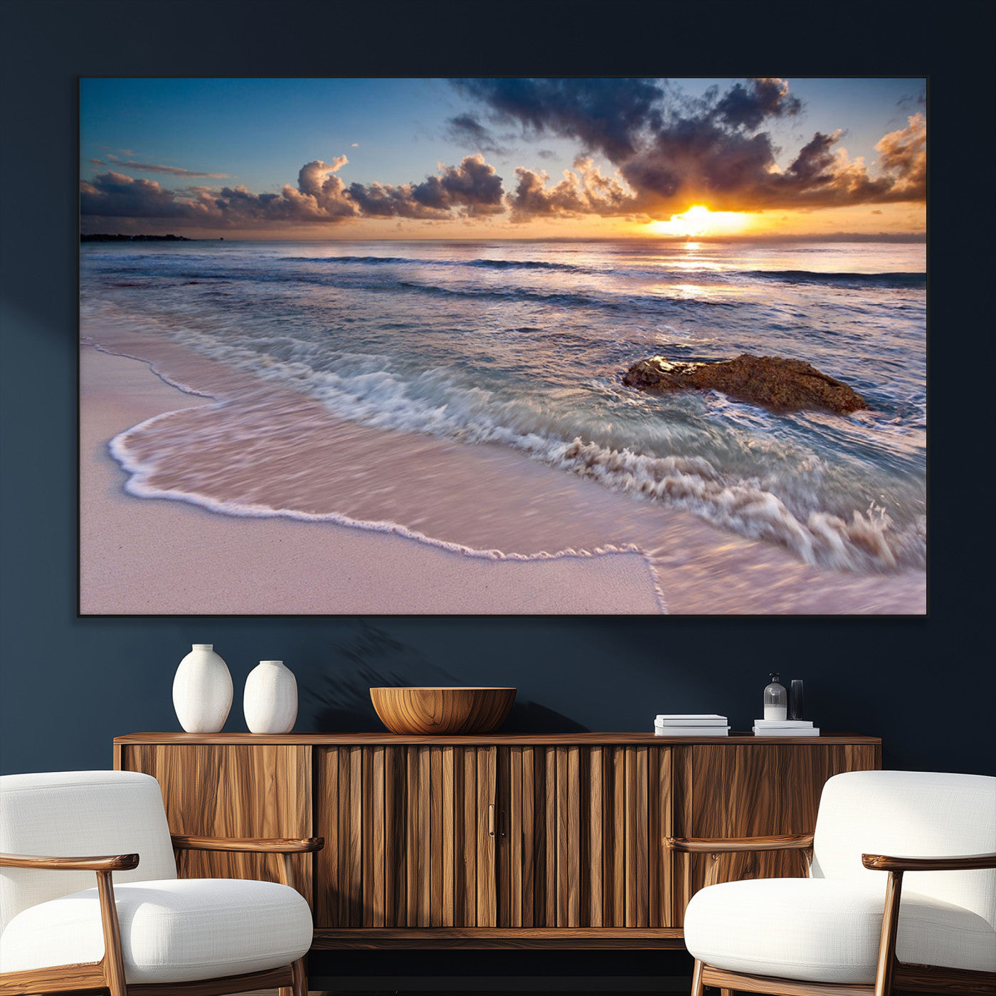 94906-MGV-CV-36X24-Sunrise Beach Wall Art – Panoramic Ocean Waves Canvas Print, Coastal Sunset Seascape Artwork for Living Room, Bedroom, or Office