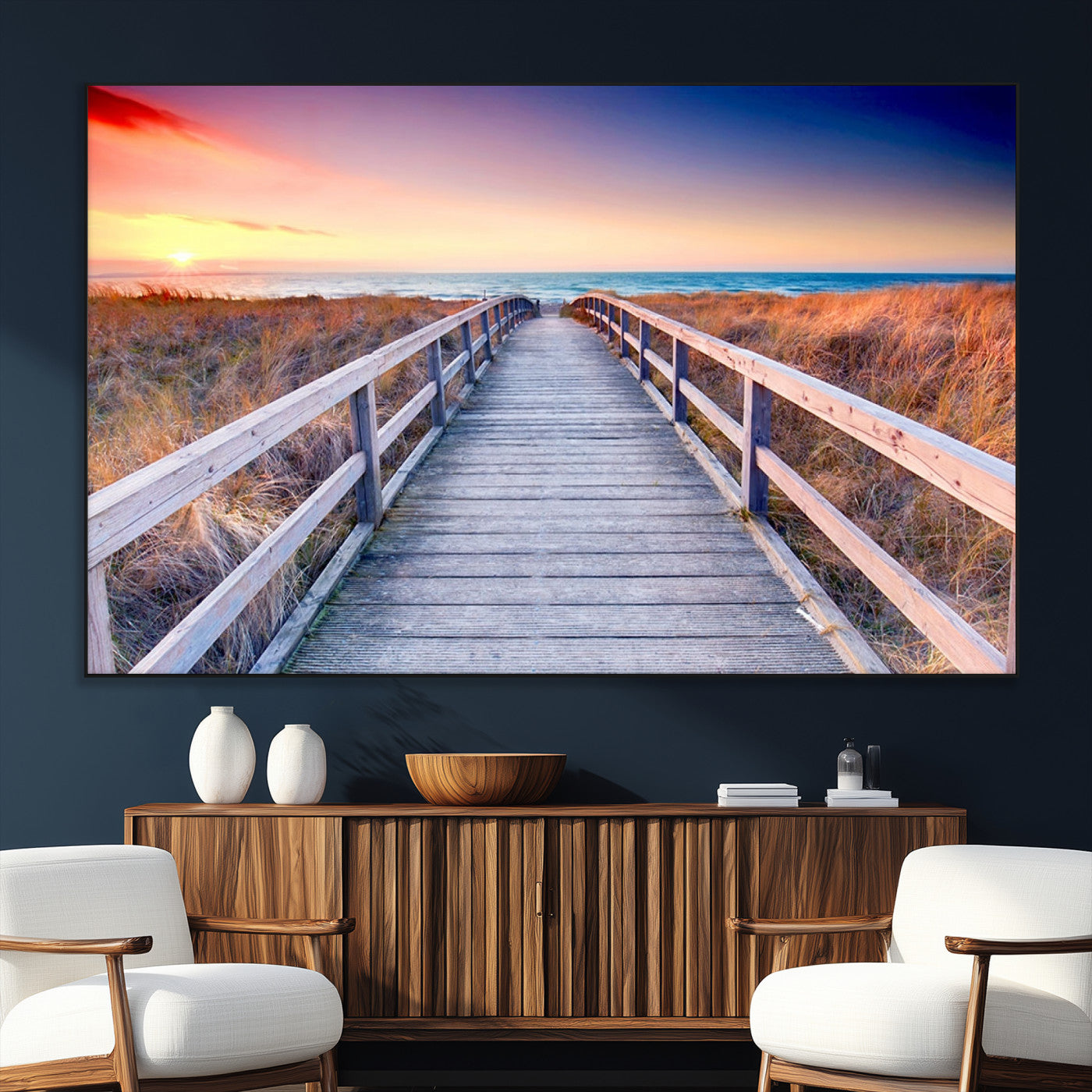 60625-MGV-CV-36X24-Beach Boardwalk Sunrise Wall Art – Coastal Pathway to Ocean Canvas Print, Seaside Landscape Decor for Home or Office