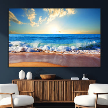 50522-MGV-CV-36X24-Ocean Sunrise Wall Art – Peaceful Beach Waves and Golden Horizon Canvas Print, Coastal Seascape Decor for Home or Office