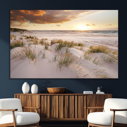 61246-MGV-CV-36X24-Coastal Sand Dunes Wall Art – Serene Beach Sunset Canvas Print with Grasses and Ocean View, Tranquil Seaside Decor for Living Room