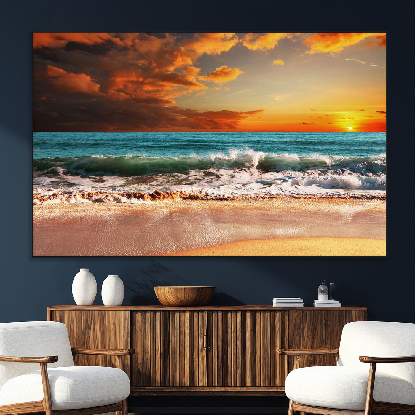 72948-MGV-CV-36X24-Ocean Sunset Wave Wall Art – Dramatic Seascape Canvas Print with Golden Sky and Crashing Waves, Coastal Beach Decor for Living
