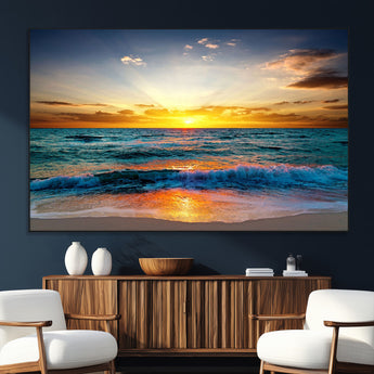 50627-MGV-CV-36X24-Ocean Sunset Wall Art – Serene Beach Canvas Print with Waves and Golden Sky, Coastal Decor for Living Room or Office