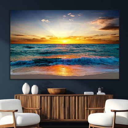50627-MGV-CV-36X24-Ocean Sunset Wall Art – Serene Beach Canvas Print with Waves and Golden Sky, Coastal Decor for Living Room or Office