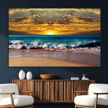 83389-MGV-CV-36X24-Ocean Sunrise Wall Art – Vibrant Beach Waves Canvas Print, Coastal Seascape Decor for Living Room or Office