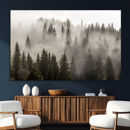 62862-MGV-CV-36X24-Misty Forest Wall Art – Tranquil Pine Tree Canvas Print with Mountain Fog, Nature Landscape Artwork for Living Room, Bedroom, or