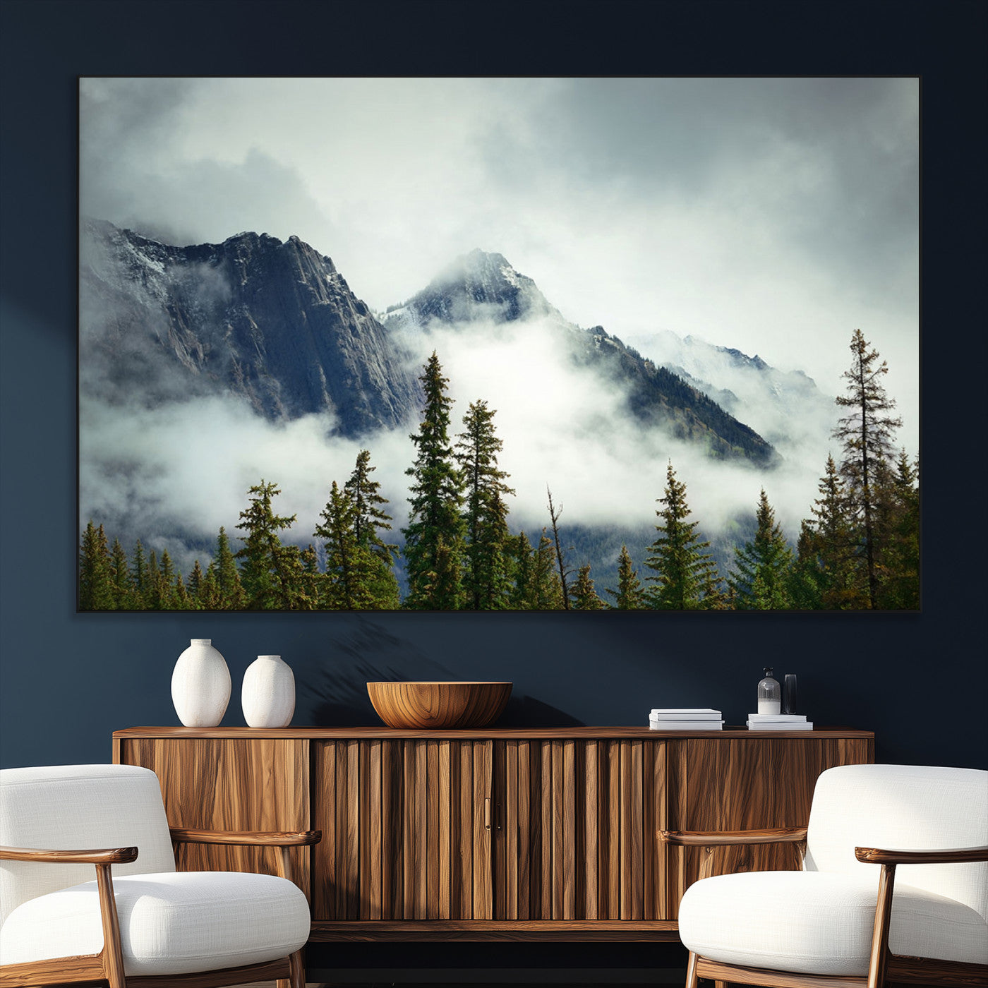 93219-SEG-FC-51X34_Oversize_Oversize-Misty Mountain Wall Art – Foggy Pines and Rocky Peaks Canvas Print, Nature Landscape Decor for Living Room, Office or Bedroom