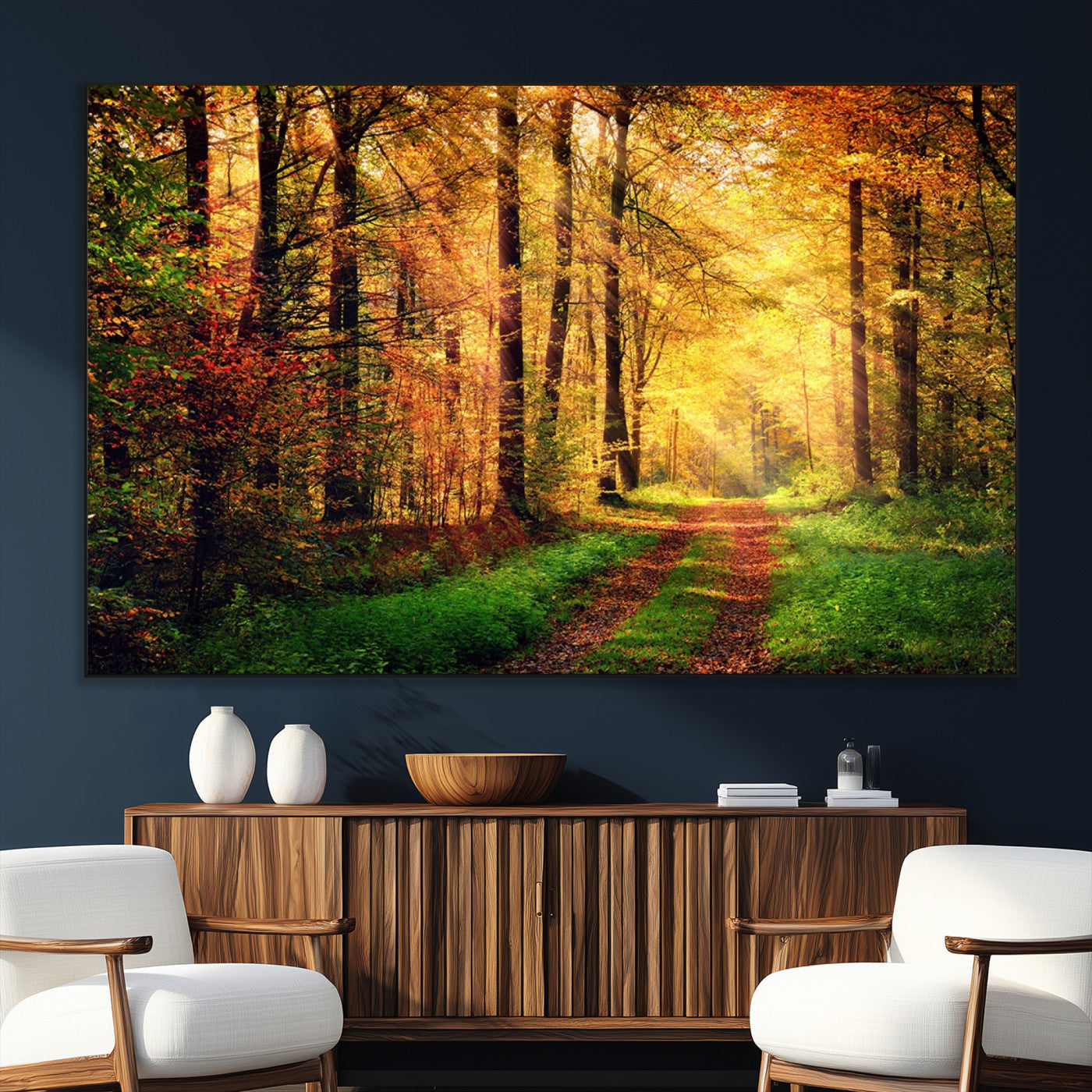 73494-SEG-FC-51X34_Oversize_Oversize-Golden Autumn Forest Path Wall Art – Sunlit Woodland Canvas Print, Fall Nature Landscape Home Decor