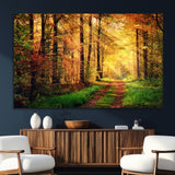 73494-MGV-CV-36X24-Golden Autumn Forest Path Wall Art – Sunlit Woodland Canvas Print, Fall Nature Landscape Home Decoration