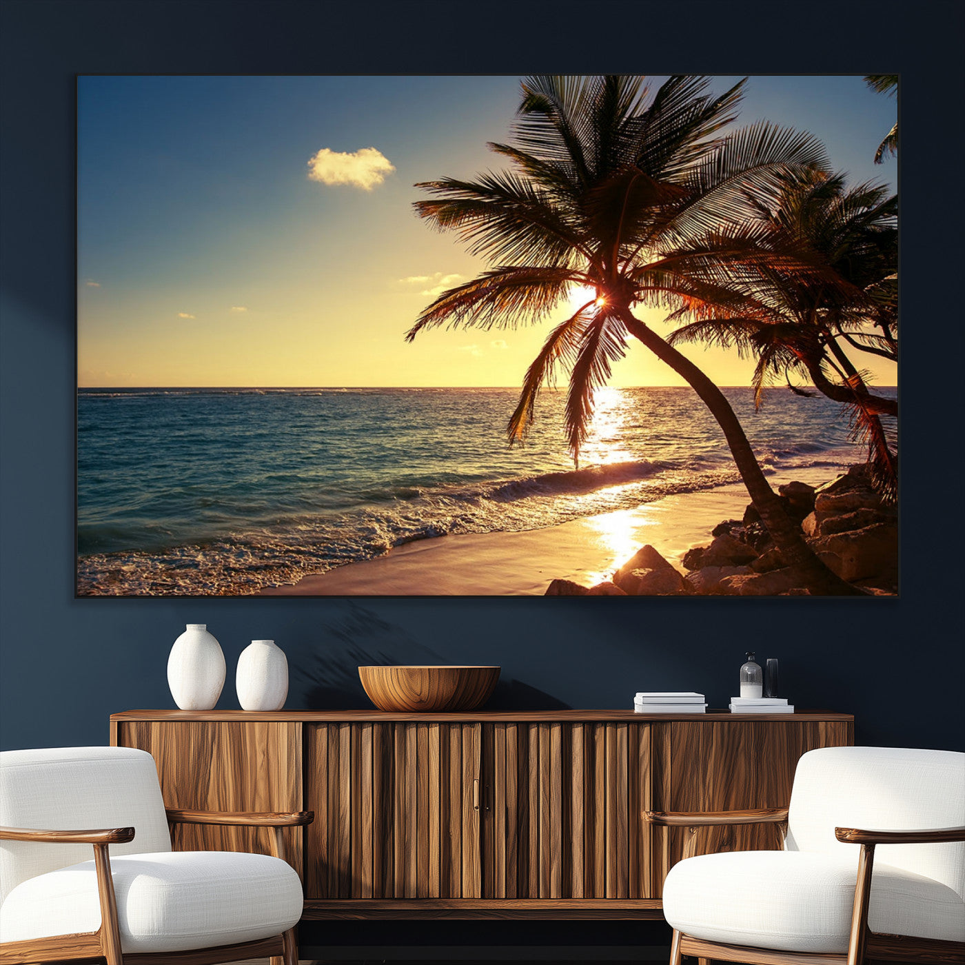 82710-MGV-CV-36X24-Palm Tree Sunset Beach Wall Art – Tropical Ocean Canvas Print, Coastal Paradise Seascape Decor for Living Room or Office Wall
