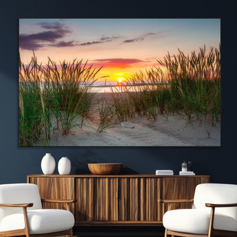 25576-MGV-CV-36X24-Beach Grass Sunset Wall Art – Coastal Sand Dune Landscape Canvas Print, Ocean View Nature Decor for Living Room or Office Wall