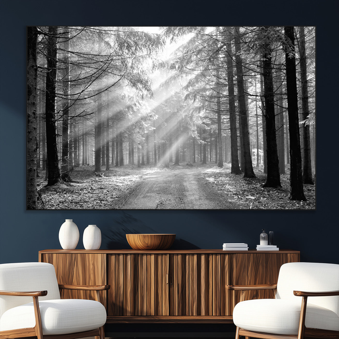 39665-MGV-CV-36X24-Black and White Forest Path Wall Art – Sunlight Rays in Trees Canvas Print, Nature Landscape Decor for Living Room