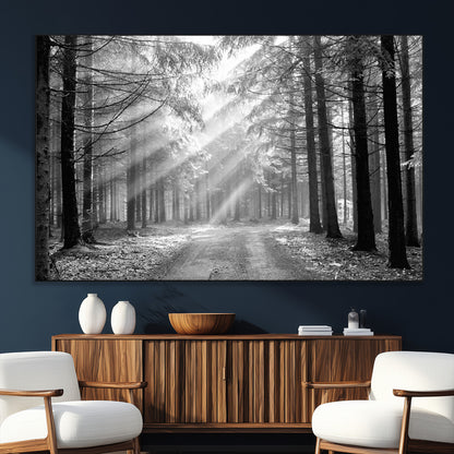 39665-MGV-CV-36X24-Black and White Forest Path Wall Art – Sunlight Rays in Trees Canvas Print, Nature Landscape Decor for Living Room