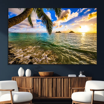 68606-SEG-FC-51X34_Oversize_Oversize-Tropical Palm Tree Ocean Wall Art – Sunset Beach Seascape Print, Coastal Paradise Decor for Living Room or Office