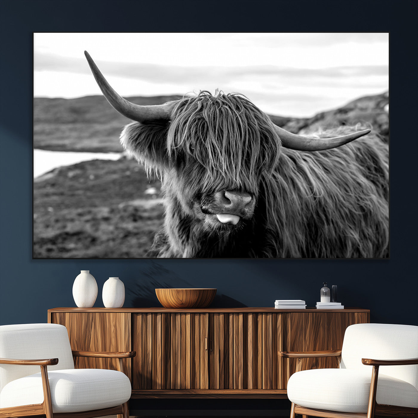 83810-MGV-CV-36X24-Highland Cow Wall Art – Black and White Highland Cattle Print, Rustic Farmhouse Animal Decor for Living Room