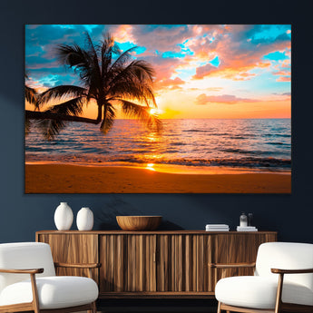 34674-MGV-CV-36X24-Tropical Sunset Beach Wall Art – Palm Tree Ocean Canvas Print, Coastal Seascape Decor for Living Room or Office Wall