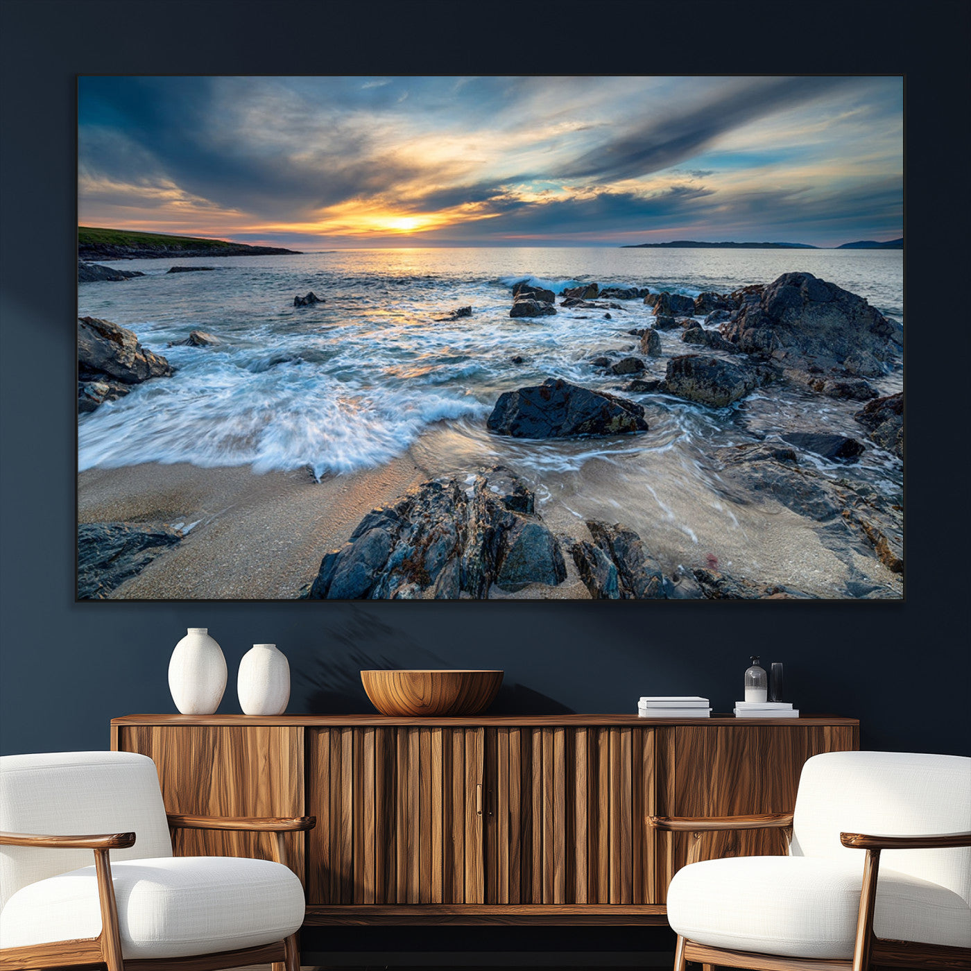 17902-MGV-CV-36X24-Rocky Shore Ocean Sunset Wall Art – Coastal Seascape Canvas Print, Nature Beach Decor for Living Room or Office