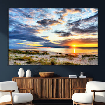 39645-MGV-CV-36X24-Golden Beach Sunset Wall Art – Serene Ocean Horizon Canvas Print, Coastal Nature Landscape Decor for Living Room, Bedroom or