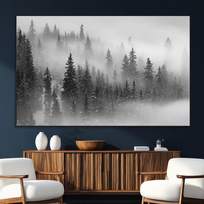 57235-MGV-CV-36X24-Misty Pine Forest Wall Art – Black and White Mountain Landscape Canvas Print, Nature Woodland Decor for Living Room, Bedroom or
