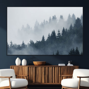 23671-MGV-CV-36X24-Misty Forest Wall Art – Serene Foggy Pine Trees Landscape Canvas Print, Tranquil Nature Decor for Living Room, Bedroom or Office