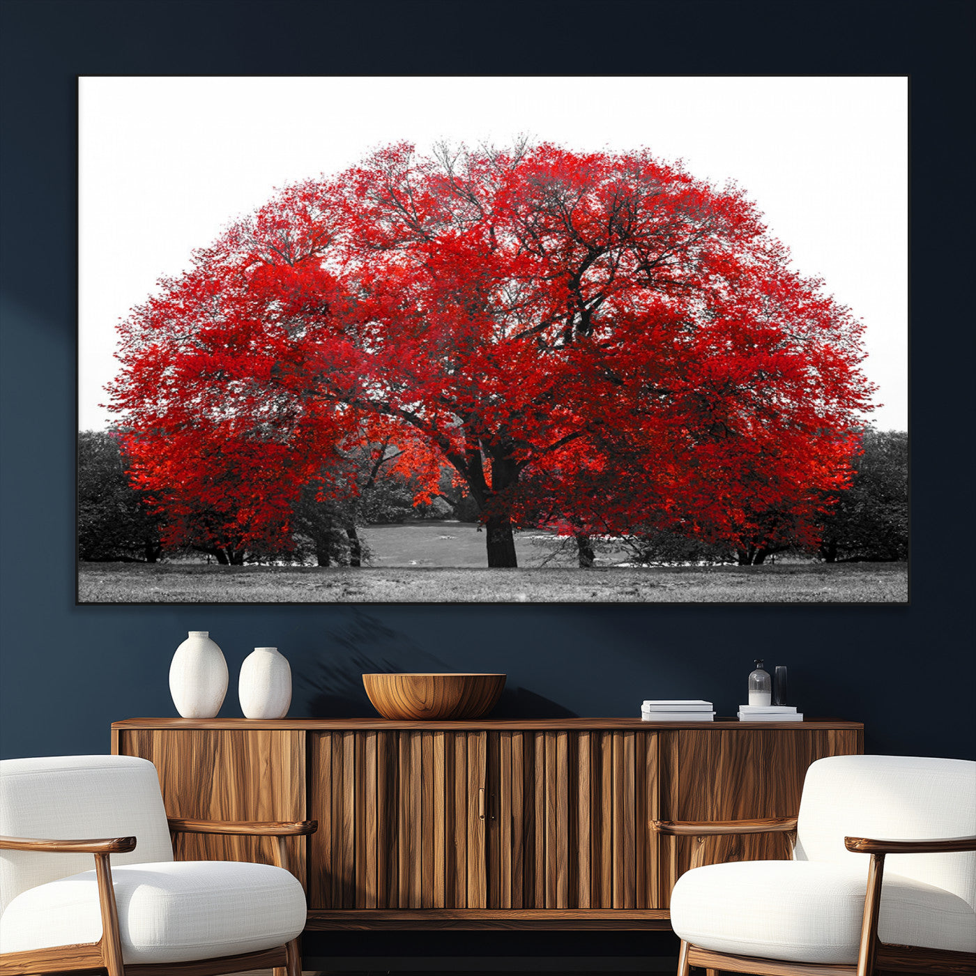 80021-MGV-CV-36X24-Red Tree Wall Art – Striking Black and White Landscape Canvas Print with Vibrant Red Leaves, Modern Nature Decor for Living Room