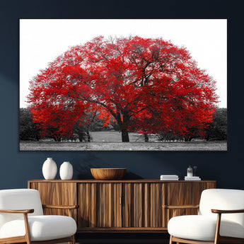 80021-MGV-CV-36X24-Red Tree Wall Art – Striking Black and White Landscape Canvas Print with Vibrant Red Leaves, Modern Nature Decor for Living Room