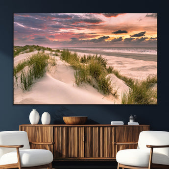 60570-MGV-CV-36X24-Beach Sunset Wall Art – Coastal Sand Dunes and Ocean Horizon Canvas Print, Tranquil Seascape Photography Decor for Living Room or