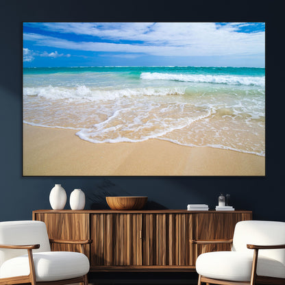 20660-MGV-CV-36X24-Ocean Wave Beach Wall Art – Serene Blue Sea and Sandy Shore Canvas Print, Coastal Landscape Photography Decor for Living Room or