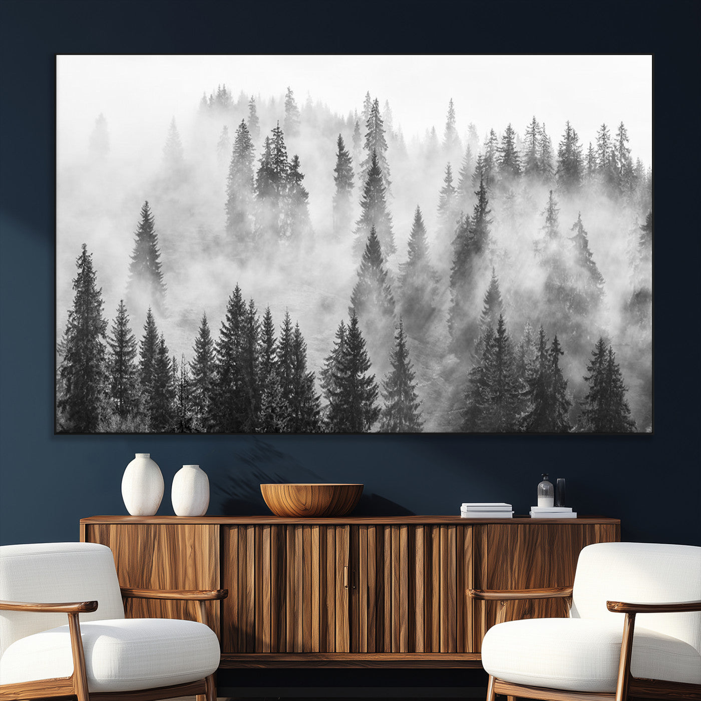 10422-MGV-CV-36X24-Misty Pine Forest Wall Art – Black and White Foggy Landscape Canvas Print, Serene Nature Woodland Decor for Bedroom, Office or