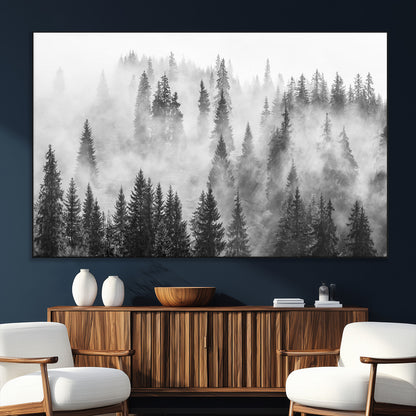10422-MGV-CV-36X24-Misty Pine Forest Wall Art – Black and White Foggy Landscape Canvas Print, Serene Nature Woodland Decor for Bedroom, Office or
