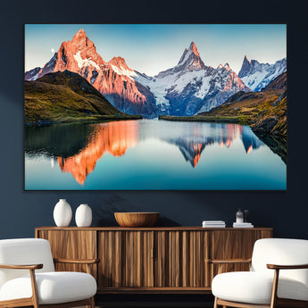 88453-MGV-CV-36X24-Mountain Lake Wall Art – Snow-Capped Peaks Reflected in Alpine Water Canvas Print, Nature Landscape Wall Decor for Living Room or