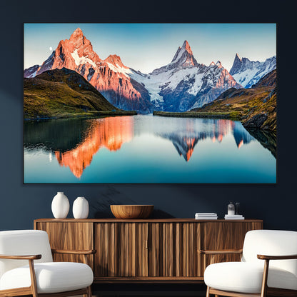 88453-MGV-CV-36X24-Mountain Lake Wall Art – Snow-Capped Peaks Reflected in Alpine Water Canvas Print, Nature Landscape Wall Decor for Living Room or