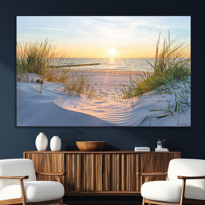 48907-MGV-CV-36X24-Beach Sunset Wall Art – Coastal Sand Dunes and Ocean View Canvas Print, Serene Seaside Landscape Painting for Living Room, Bedroom