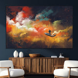45085-SEG-FC-51X34_Oversize_Oversize-Surreal Cosmic Wall Art – Abstract Galaxy Dreamscape Canvas Print with Man and Dog in Boat, Fantasy Nebula Painting for Living