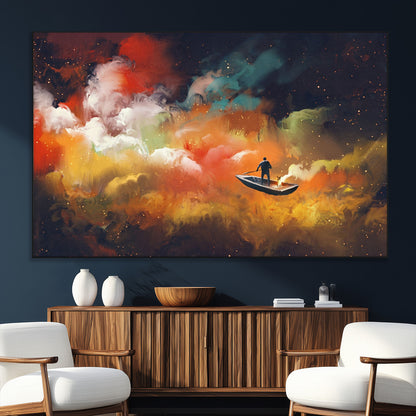 45085-MGV-CV-36X24-Surreal Cosmic Wall Art – Abstract Galaxy Dreamscape Canvas Print with Man and Dog in Boat, Fantasy Nebula Painting for Living