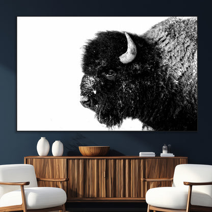 68780-MGV-CV-36X24-Bison Close-Up Wall Art – Black and White Buffalo Canvas Print, Rustic Wildlife Photography Decor for Living Room, Office, or