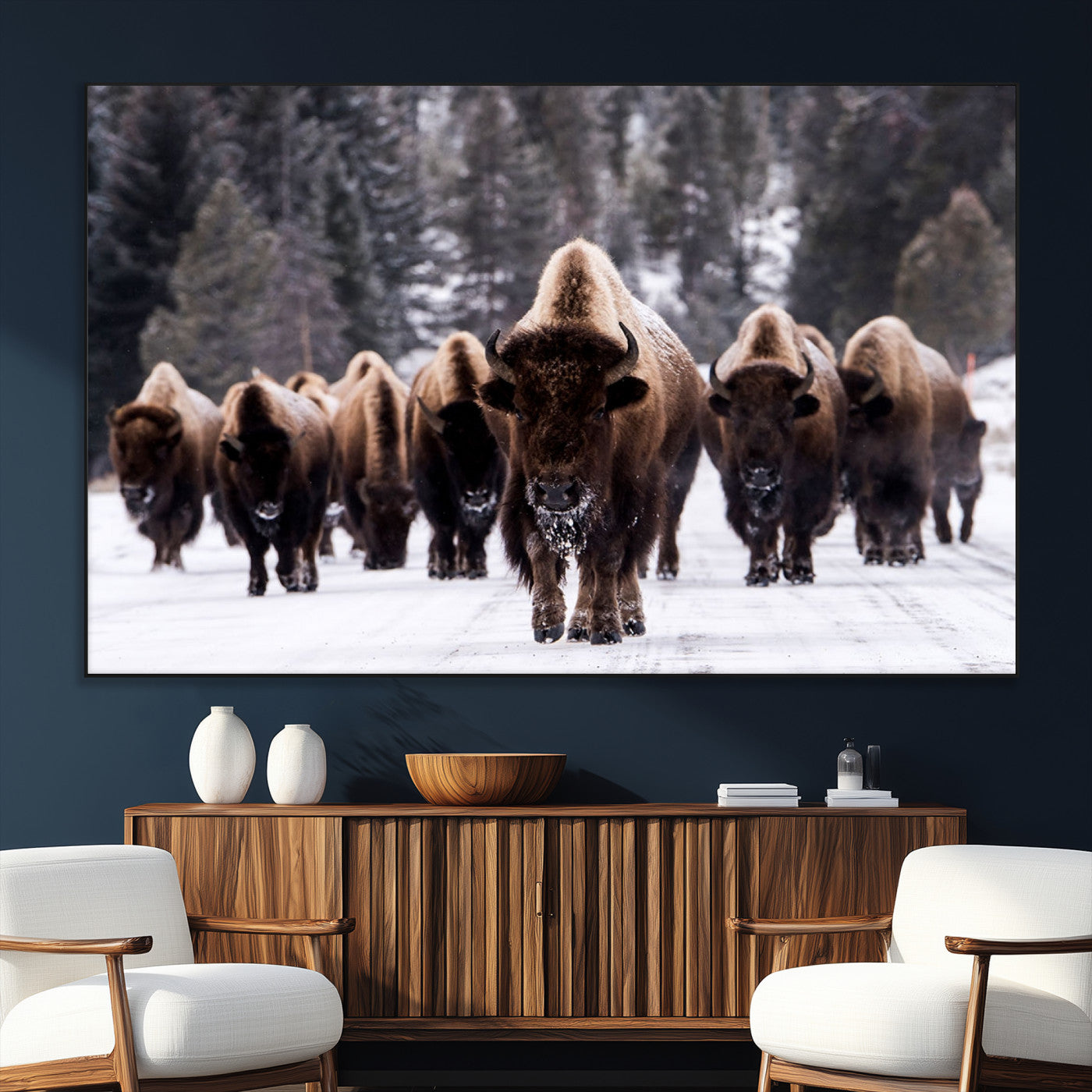 66871-MGV-CV-36X24-Bison Herd Wall Art – Wildlife Buffalo Canvas Print, Rustic Western Nature Photography Decor for Living Room, Office, Cabin, or