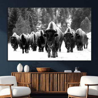 62434-MGV-CV-36X24-Bison Herd Wall Art – Majestic Black and White Buffalo Canvas Print, Wildlife Nature Photography Decor for Living Room, Office or