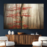 61855-SEG-FC-51X34_Oversize_Oversize-Misty Forest Wall Art – Red Tree with Autumn Leaves Canvas Print, Moody Woodland Nature Decor for Living Room, Bedroom, or Office