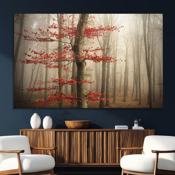61855-MGV-CV-36X24-Misty Forest Wall Art – Red Tree with Autumn Leaves Canvas Print, Moody Woodland Nature Decor for Living Room, Bedroom, or Office
