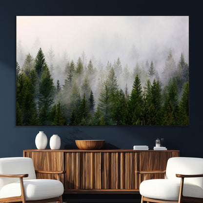 11436-MGV-CV-36X24-Misty Forest Wall Art – Tranquil Evergreen Tree Canvas Print with Foggy Landscape, Nature Inspired Artwork for Bedroom, Living