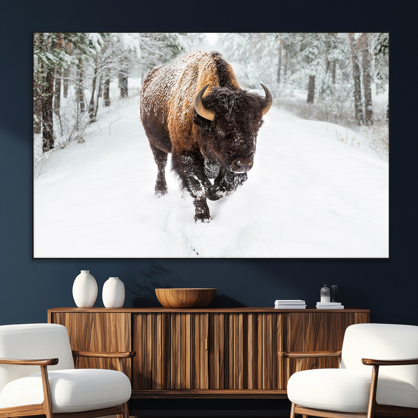 84699-MGV-CV-36X24-Bison in Winter Wall Art – Majestic Buffalo Canvas Print with Snowy Forest Landscape, Rustic Wildlife Artwork for Cabin, Living