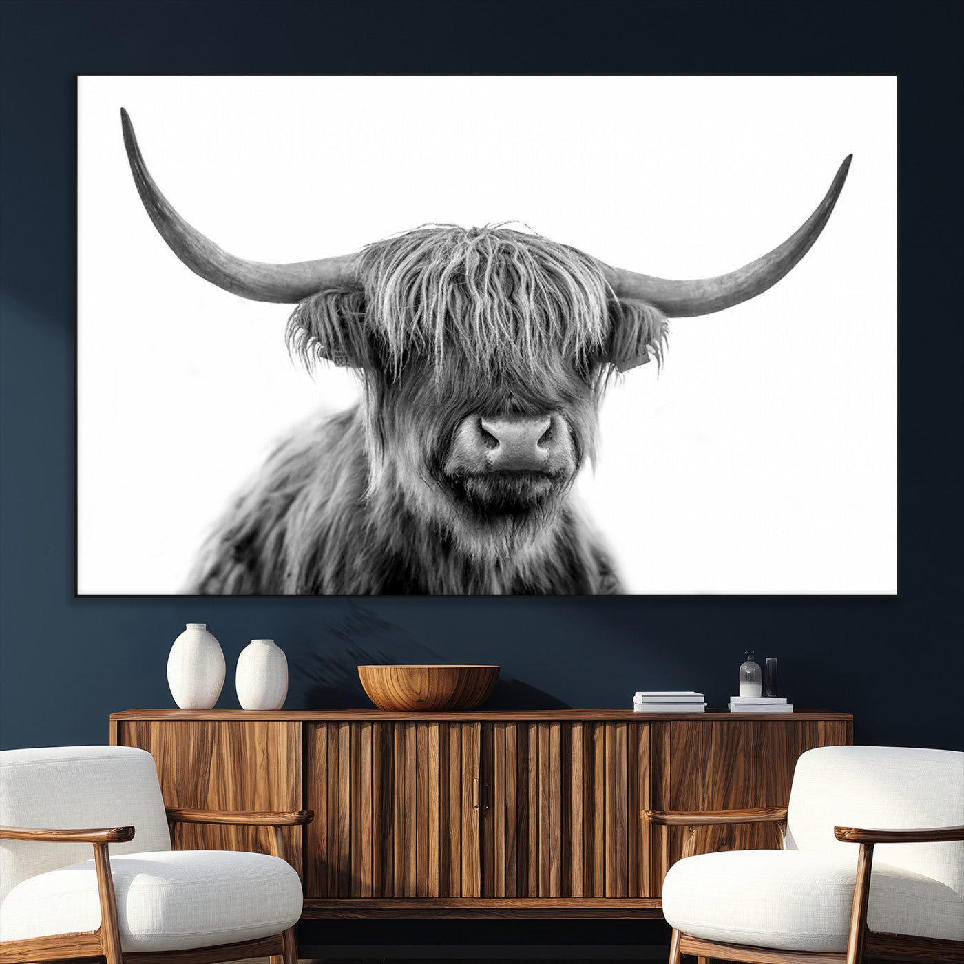 10123-MGV-CV-36X24-Black and White Highland Cow Wall Art – Modern Farmhouse Animal Print, Rustic Scottish Bull Canvas Decor for Living Room, Bedroom,