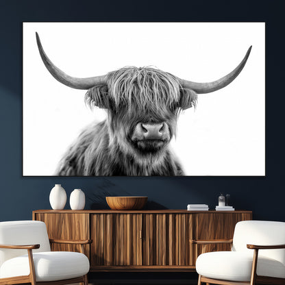10123-MGV-CV-36X24-Black and White Highland Cow Wall Art – Modern Farmhouse Animal Print, Rustic Scottish Bull Canvas Decor for Living Room, Bedroom,